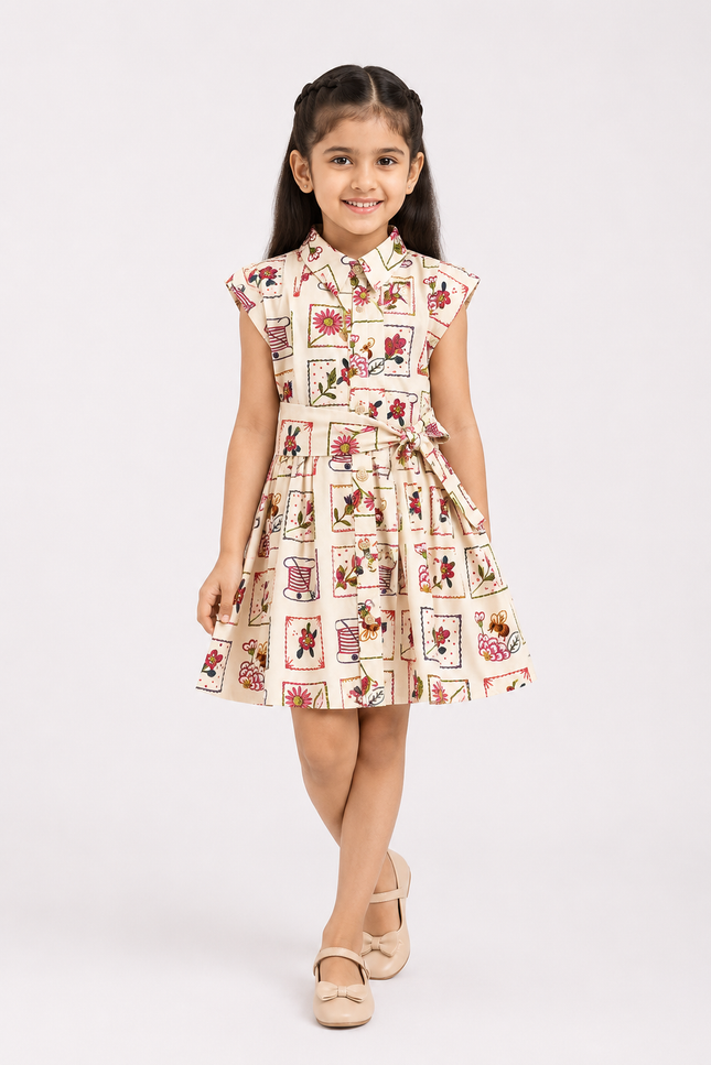 Vintage Floral Patchwork Collared Dress with Belt