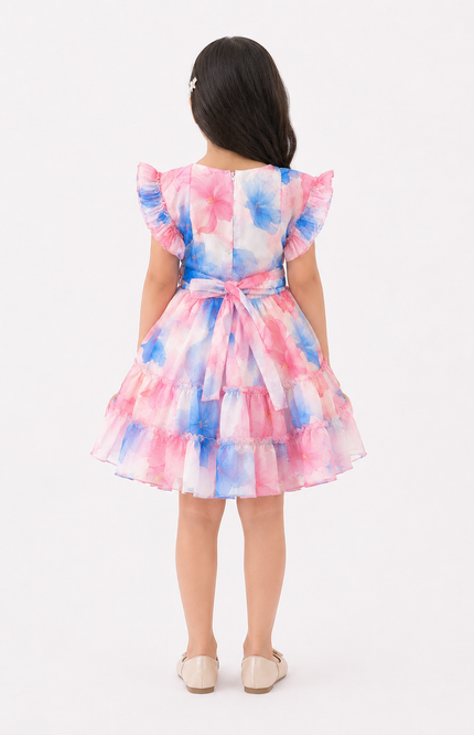 Girls' Pastel Floral Ruffle Party Dress with Waist Belt