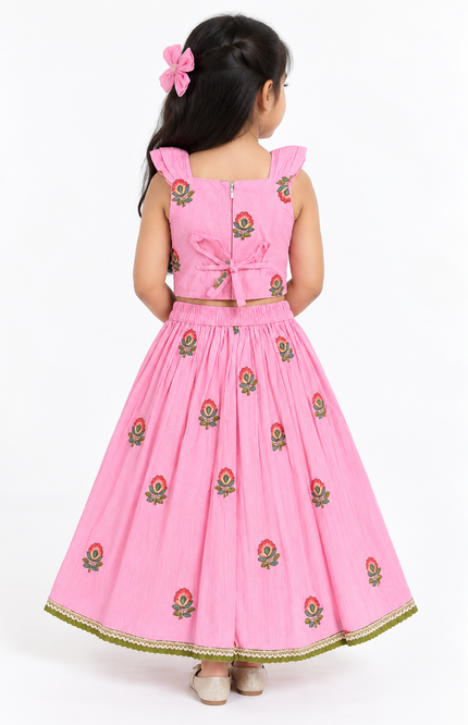 Girls Pink Floral Lehenga Choli Set with Dupatta
