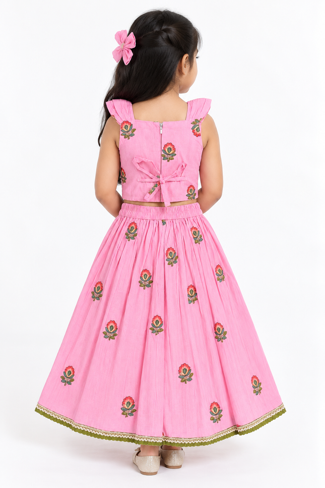 Girls Pink Floral Lehenga Choli Set with Dupatta