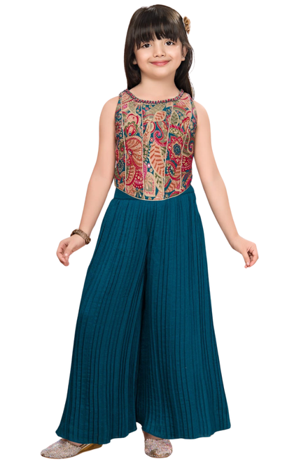 Girls' Teal Pleated Palazzo Set | Paisley Print Ethnic Party Wear