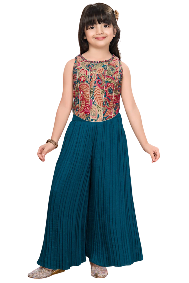 Girls' Teal Pleated Palazzo Set | Paisley Print Ethnic Party Wear
