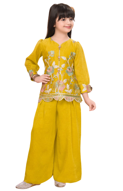 Girls' Mustard Yellow Floral Palazzo Set | Embroidered Ethnic Party Wear