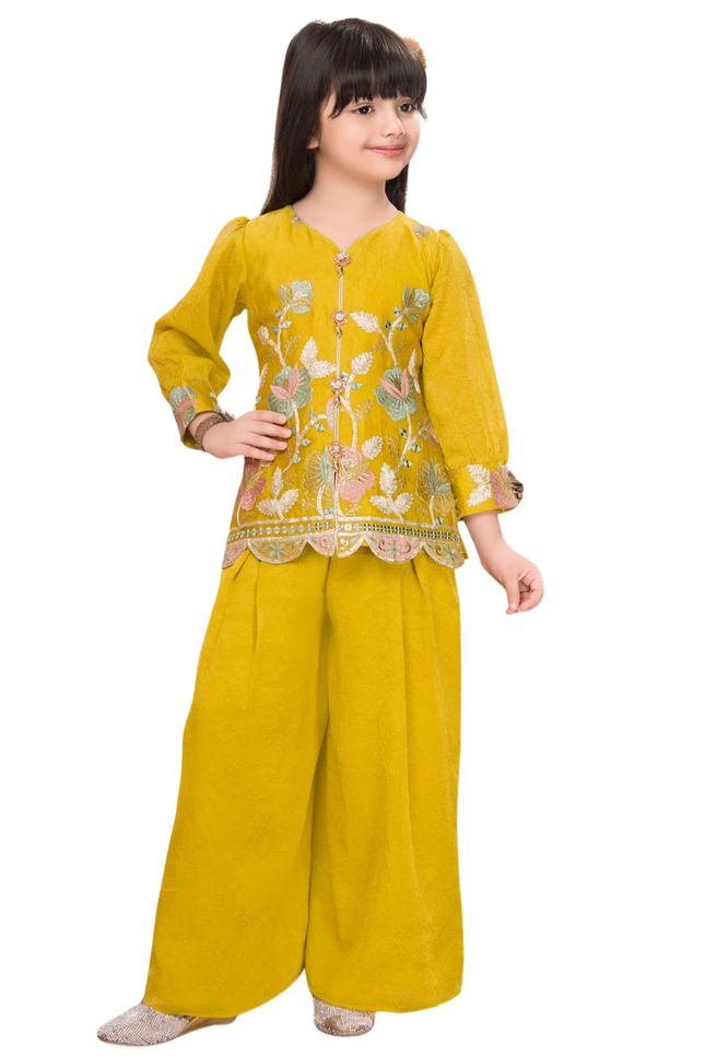 Girls' Mustard Yellow Floral Palazzo Set | Embroidered Ethnic Party Wear