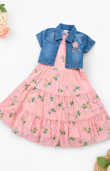 Girls Floral Pink Dress with Denim Jacket Set