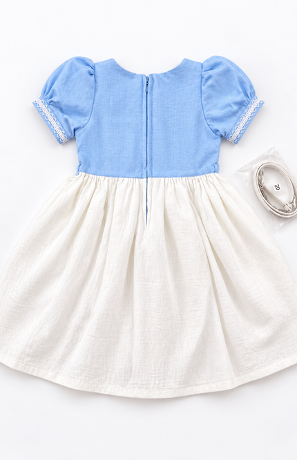Girls’ Sky Blue & Ivory Embroidered Dress with Belt
