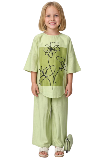 Girls' Lime Green Linen Blend Cord Set | Wide-Leg Palazzo Pants & Kimono Sleeve Top