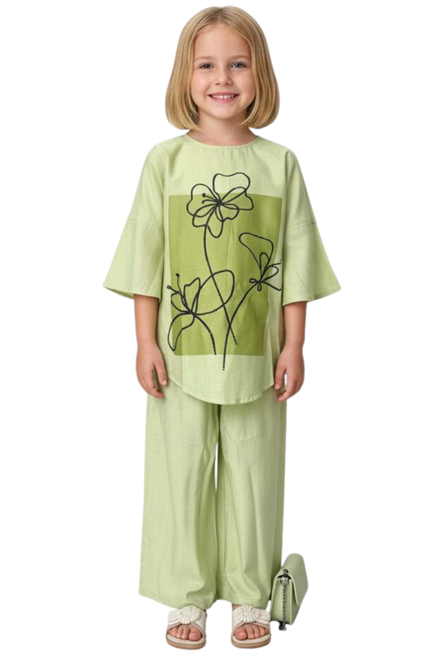 Girls' Lime Green Linen Blend Cord Set | Wide-Leg Palazzo Pants & Kimono Sleeve Top