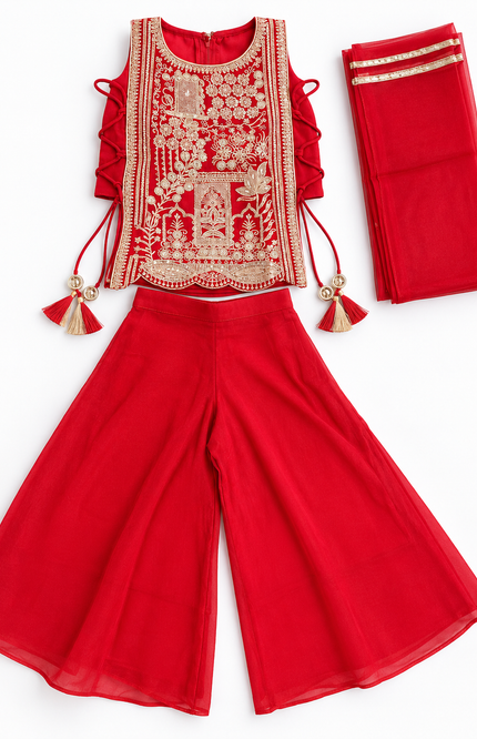 Girls’ Red Embroidered Palazzo Set