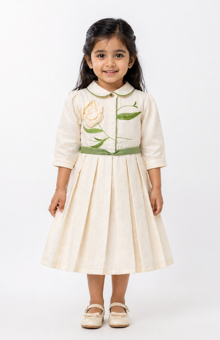 Elegant Cream Kids Dress with Green Waist Bow