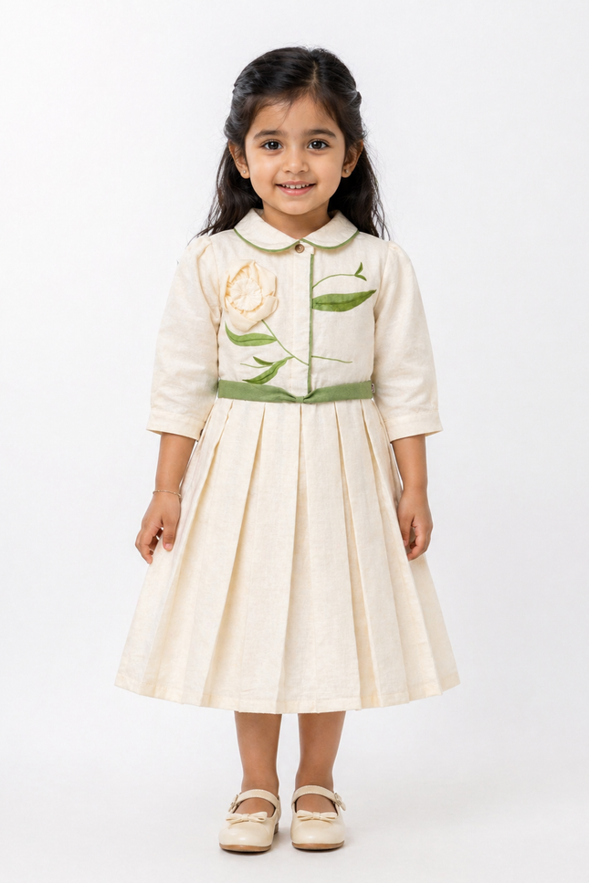 Elegant Cream Kids Dress with Green Waist Bow