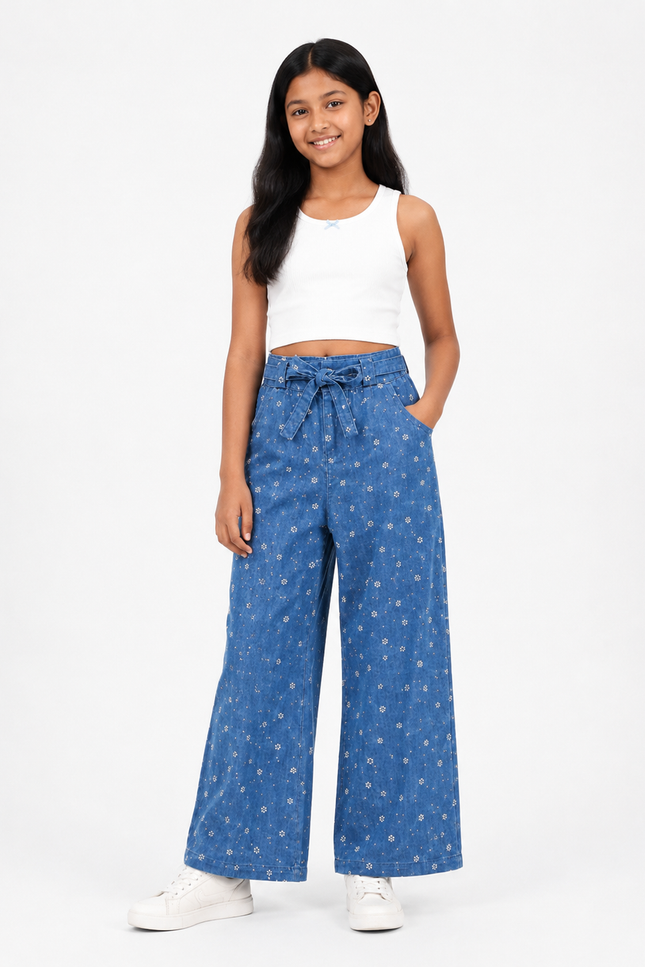 Blue Floral Print Wide-Leg GIRLS Jeans