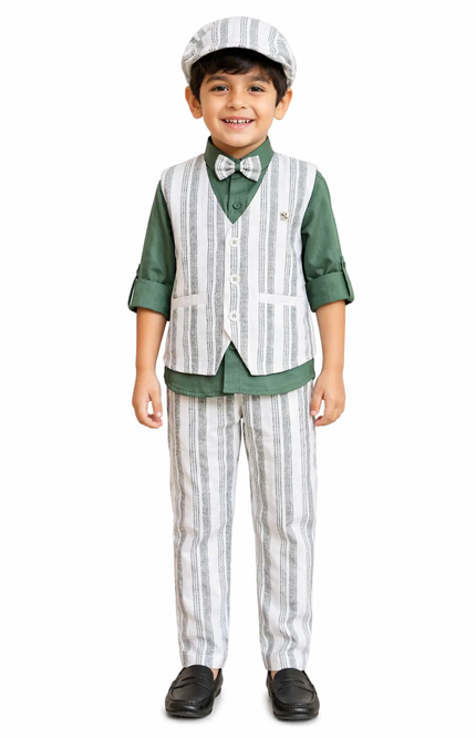Boys' 4-Piece Cotton-Linen Blend Suit Set with Vest, Shirt, and Bow Tie