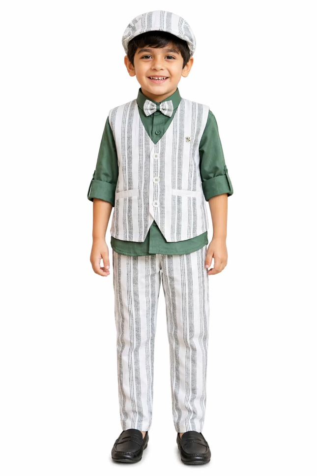 Boys' 4-Piece Cotton-Linen Blend Suit Set with Vest, Shirt, and Bow Tie