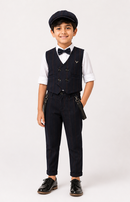 Formal Pinstripe Waistcoat Set with Shirt, Bow Tie & Cap
