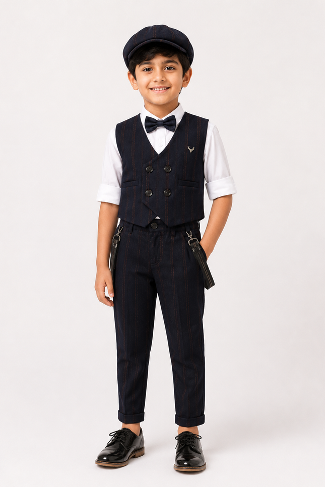Formal Pinstripe Waistcoat Set with Shirt, Bow Tie & Cap