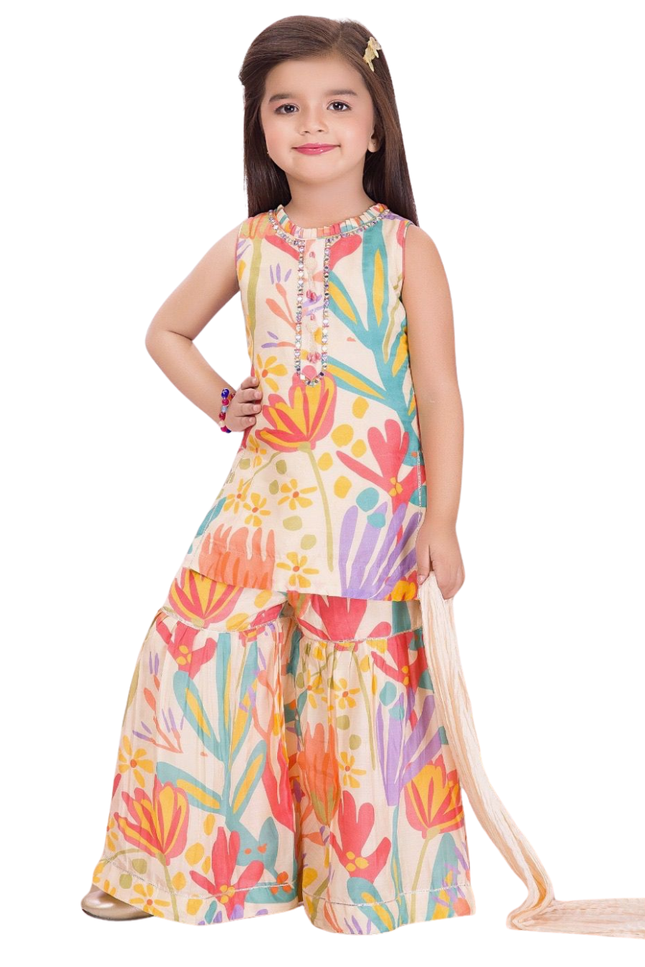 Girls' Multi-Color Abstract Floral Kurti and Sharara Set with Dupatta