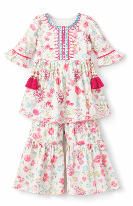 Girls' 100% Cotton Floral Print Sharara Set with Tassels