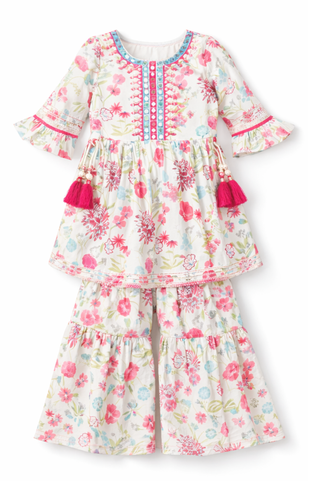 Girls' 100% Cotton Floral Print Sharara Set with Tassels