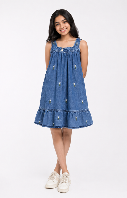 Girls' Blue Denim Dress with Waist Belt & Ruffle Hem