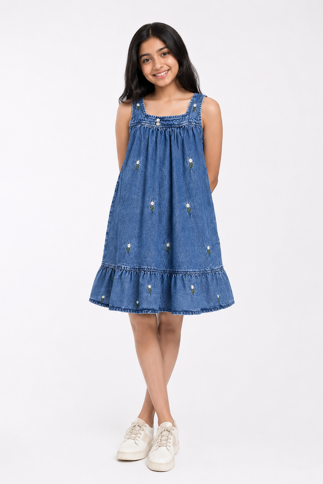 Girls' Blue Denim Dress with Waist Belt & Ruffle Hem