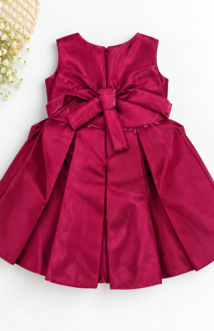 Wine Satin Bow Party Frock for Baby Girls