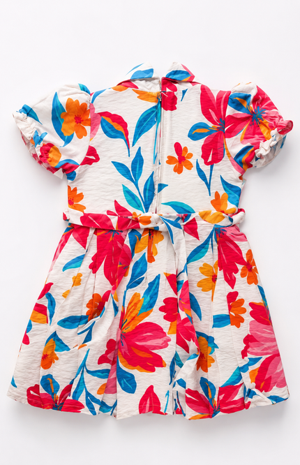 Tropical Floral Puff Sleeve Shirt Dress