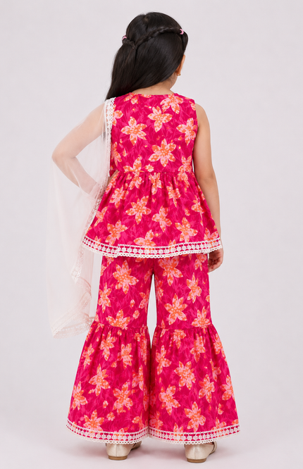Pink Floral Sharara Set with Dupatta for Girls