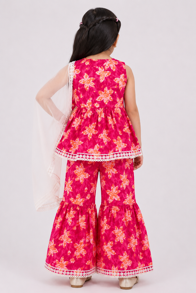 Pink Floral Sharara Set with Dupatta for Girls
