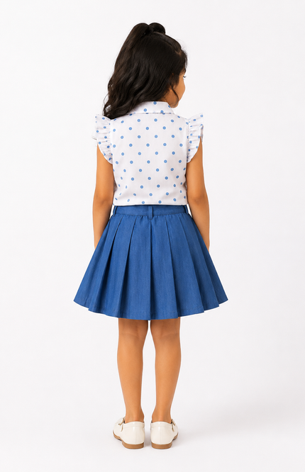 White Polka Dot Tie-Up Top with Blue Pleated Skirt Set