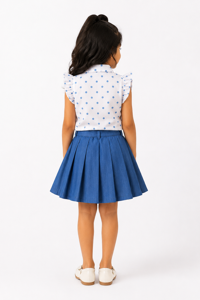 White Polka Dot Tie-Up Top with Blue Pleated Skirt Set