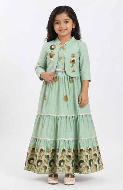 Mint Green Embroidered Tiered Kids Dress with Jacket