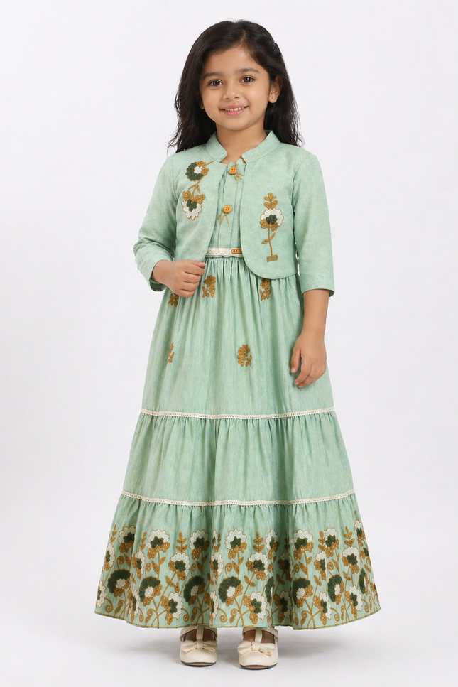 Mint Green Embroidered Tiered Kids Dress with Jacket