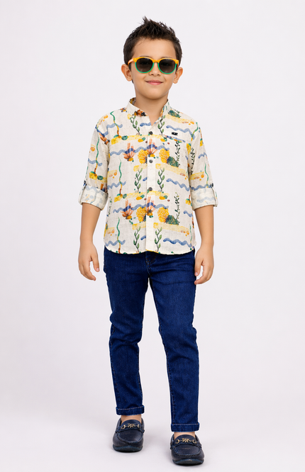 Boys' Aquatic Print Button-Down Shirt and Dark Wash Denim Set