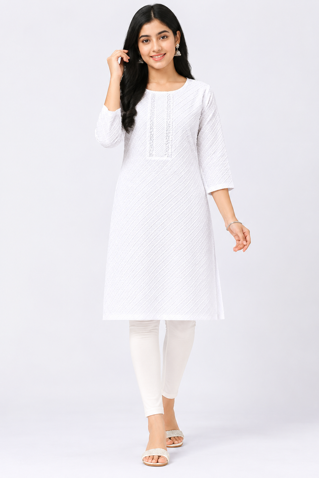 Classic White Textured Kids Kurti