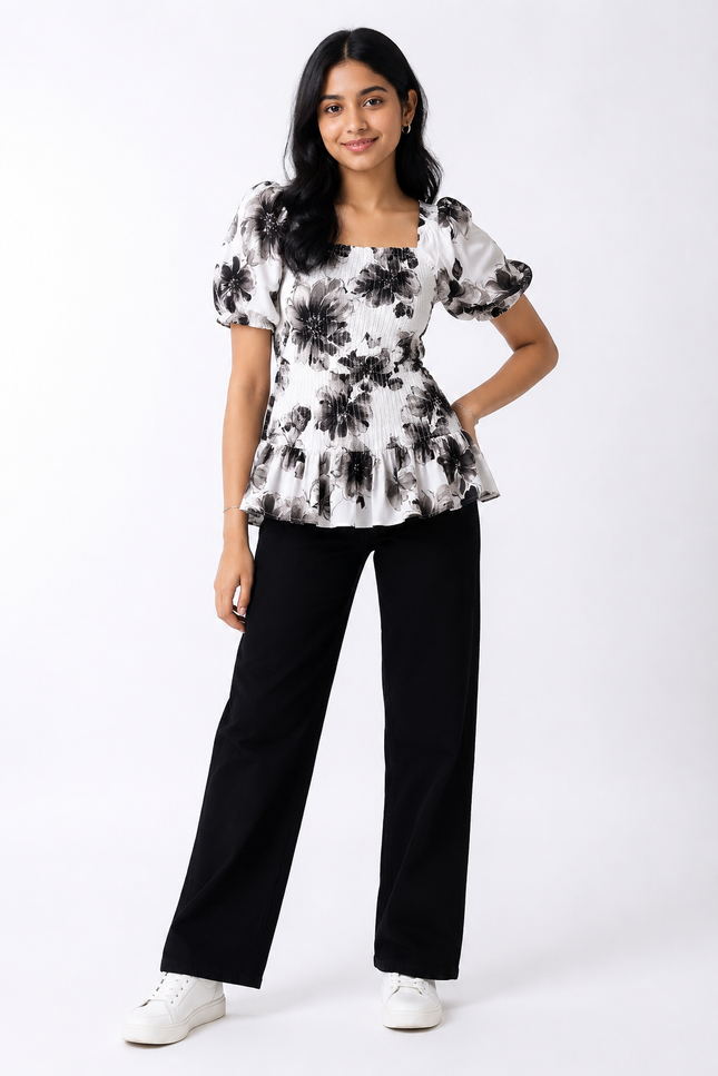 Floral Smocked Puff-Sleeve Peplum Top