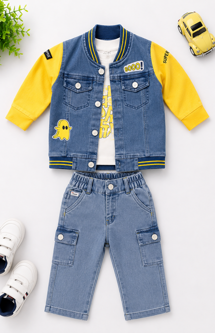 Denim Jacket Co-Ord Set with Graphic Tee & Cargo Jeans