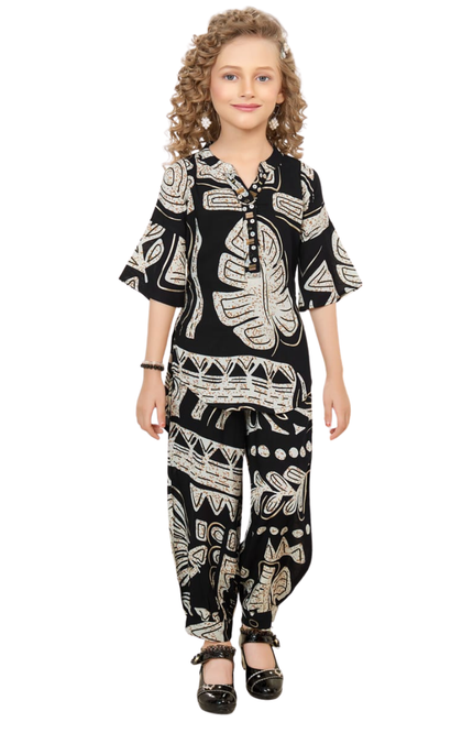 Girls' Black and Beige Tropical Leaf Print Co-ord Set with Harem Pants