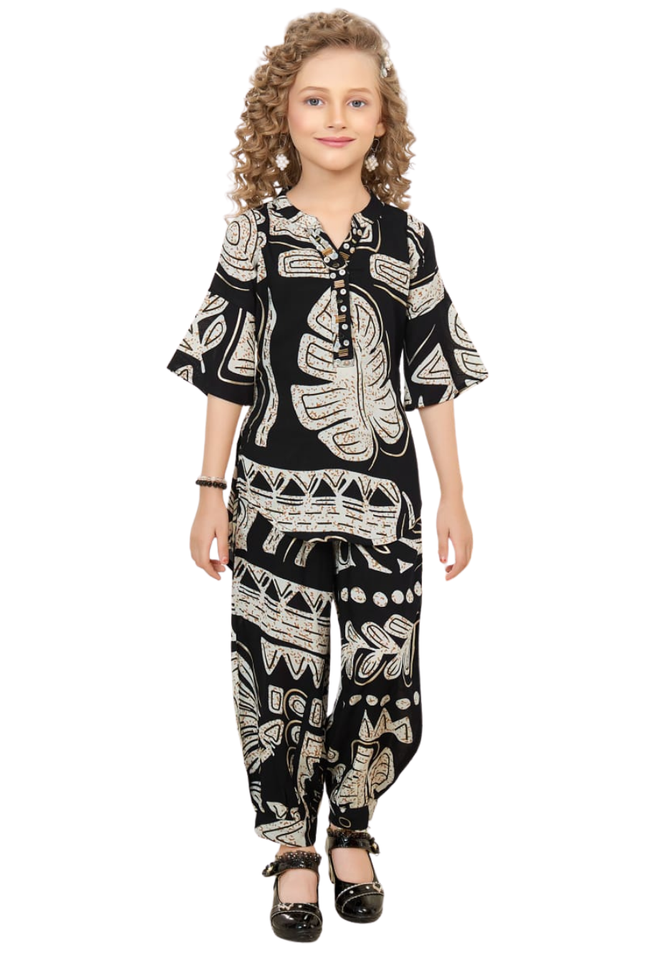 Girls' Black and Beige Tropical Leaf Print Co-ord Set with Harem Pants