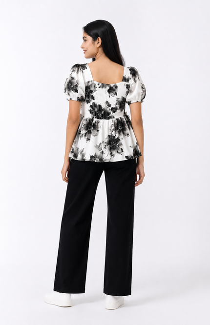 Floral Smocked Puff-Sleeve Peplum Top