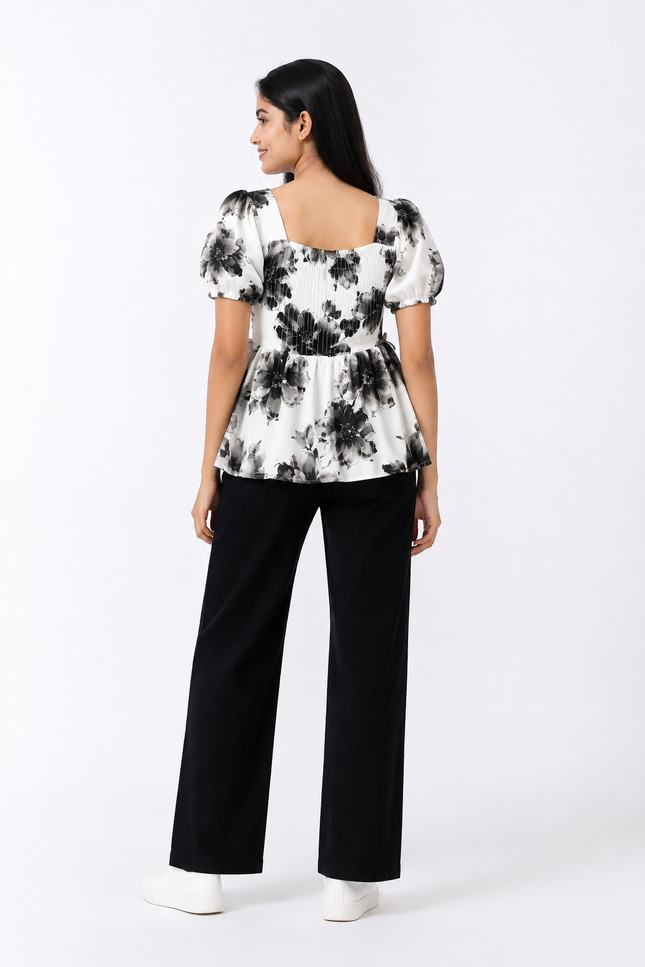 Floral Smocked Puff-Sleeve Peplum Top
