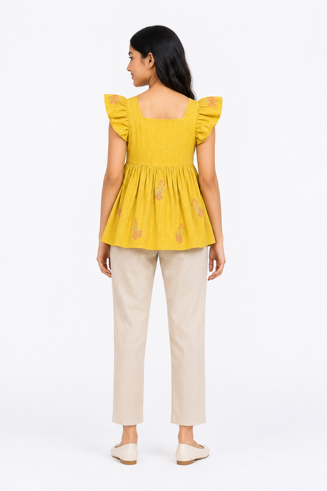 Green Floral Embroidered Flutter-Sleeve Girls’ top
