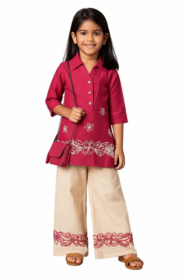 Girls Raspberry Pink Embroidered Kurta Palazzo Set with Bag – Festive Ethnic Wear
