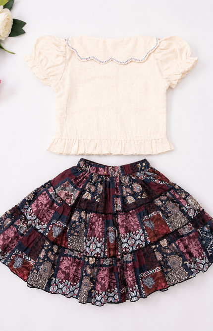 Elegant Girls Cotton Top & Printed Layered Skirt Set