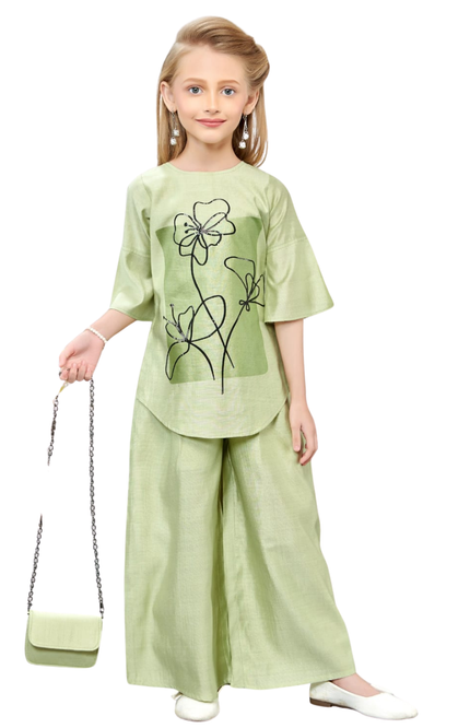 irls' Sage Green Floral Graphic Co-ord Set with Wide-Leg Palazzo Pants