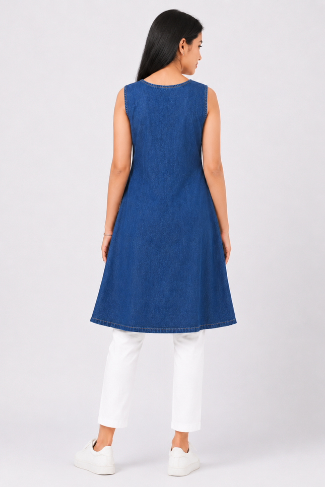 Blue Denim Embroidered Sleeveless Kurti