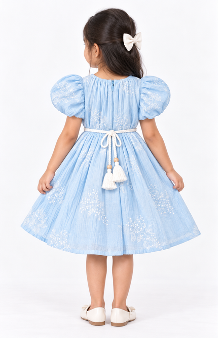 Girls’ Sky Blue Embroidered Dress with Tassel Waist Belt