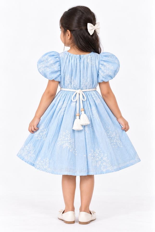 Girls’ Sky Blue Embroidered Dress with Tassel Waist Belt