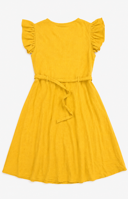 Girls’ Mustard Yellow Floral Embroidered Belted Dress