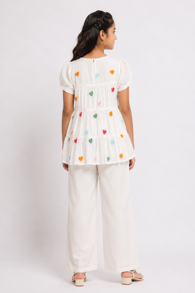 Pastel Heart Tiered Dress & Wide-Leg Pants Set